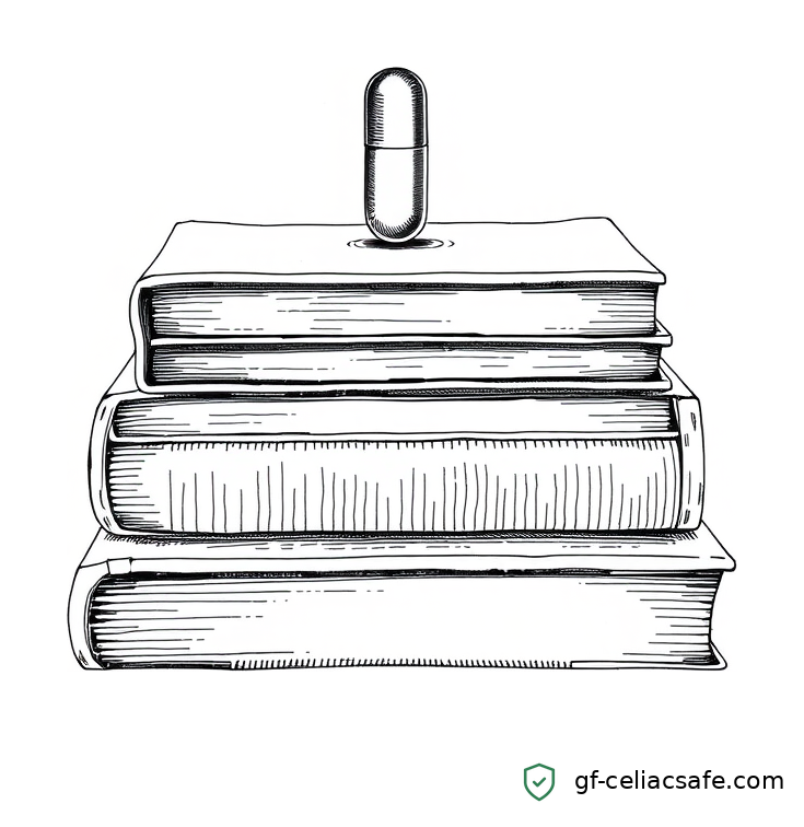 Crosshatch illustration of a pill capsule resting on a stack of bound research journals, symbolizing treatments emerging from funded research