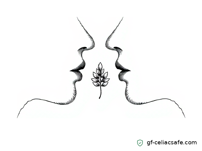 Crosshatch illustration of two faceless silhouettes facing each other with a single wheat grain between them, representing the kiss-transfer question