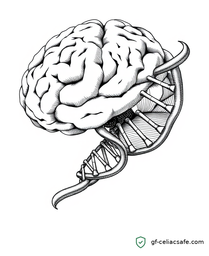 Crosshatch illustration of a human brain and a DNA double helix side by side, signaling the genetic-link finding between celiac and Alzheimer's