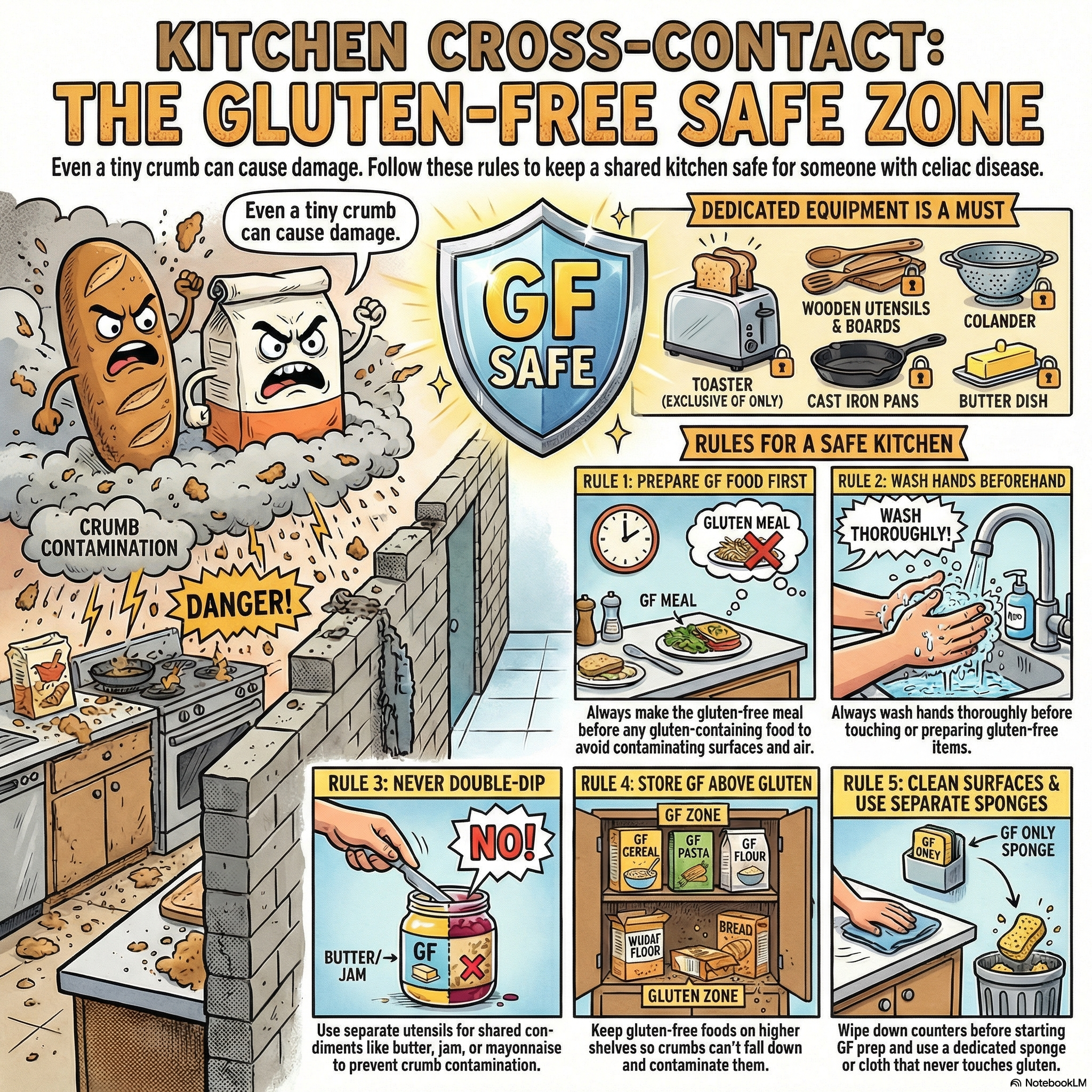 Cartoon infographic showing how to create a celiac-safe zone in your kitchen