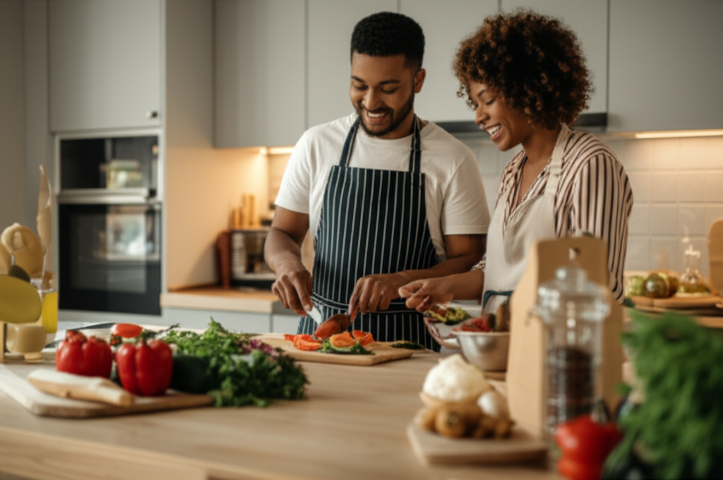 Couple cooking together in a safe kitchen