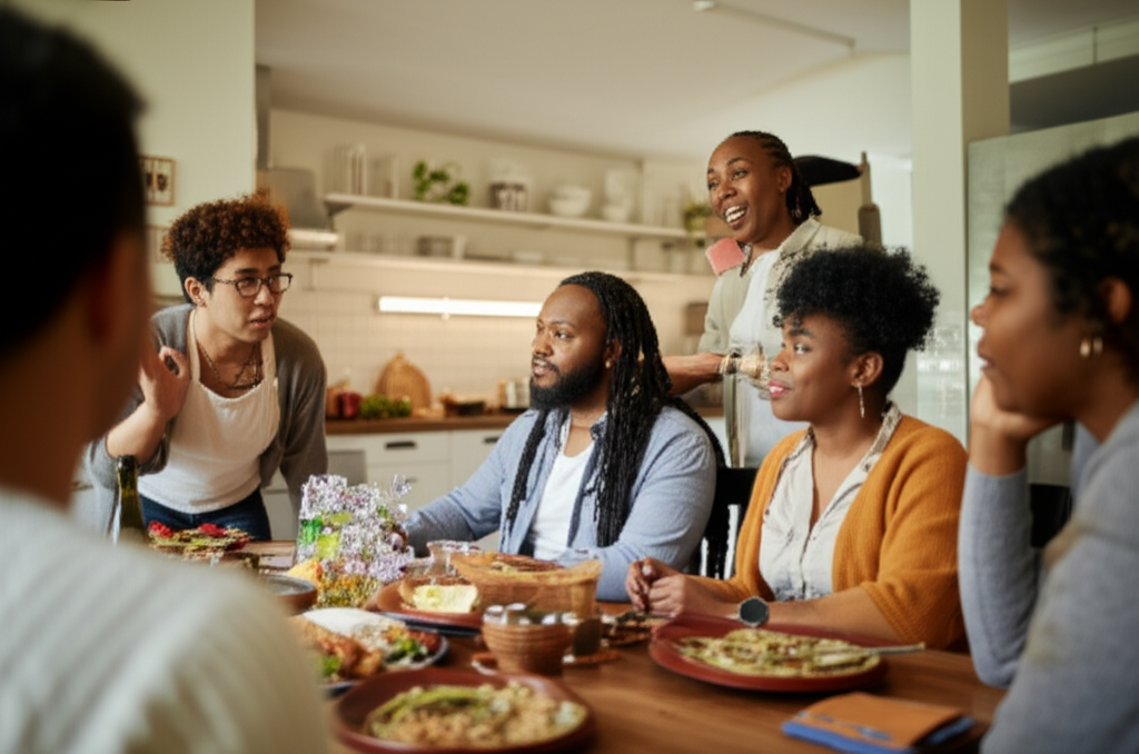 Friends at a dinner party having a supportive conversation