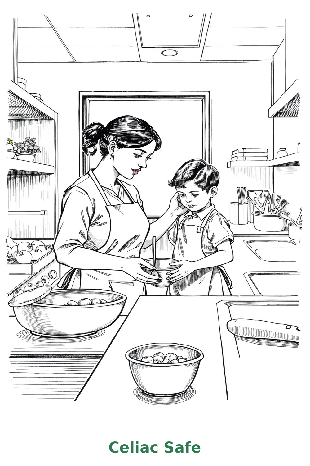 Mother and child cooking together in a hospital teaching kitchen, vintage engraving illustration style